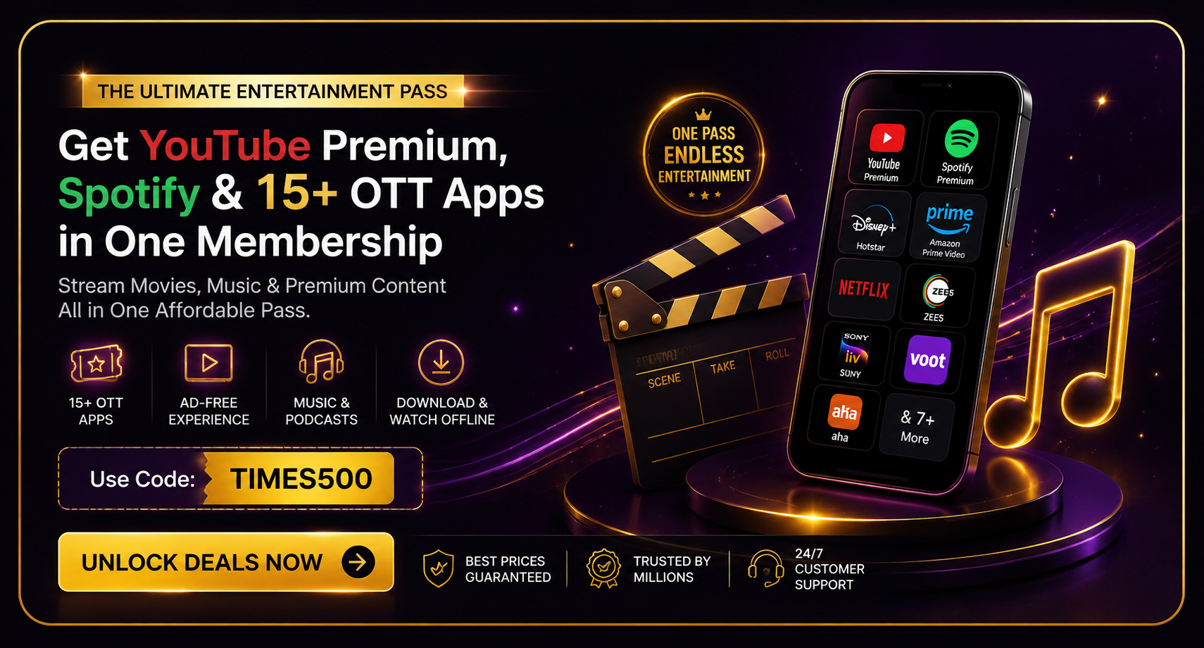 Get YouTube Premium, Spotify & 15+ OTT Apps